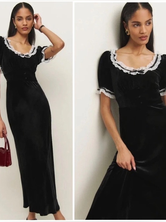 Reformation Dresses & Skirts - NWT Reformation Adessa Black Velvet Maxi Dress with White Lace Trim